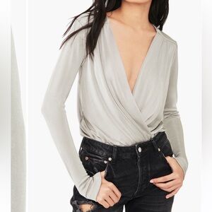 Free People Surplice Neck Bodysuit Grey Silver, Intimately, Size LARGE NWT